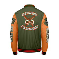 Maßgeschneiderte Olivengrün Orange Letterman Varsity Jacket Individuelle Stickerei  Druck nach Ihrem Wunsch
