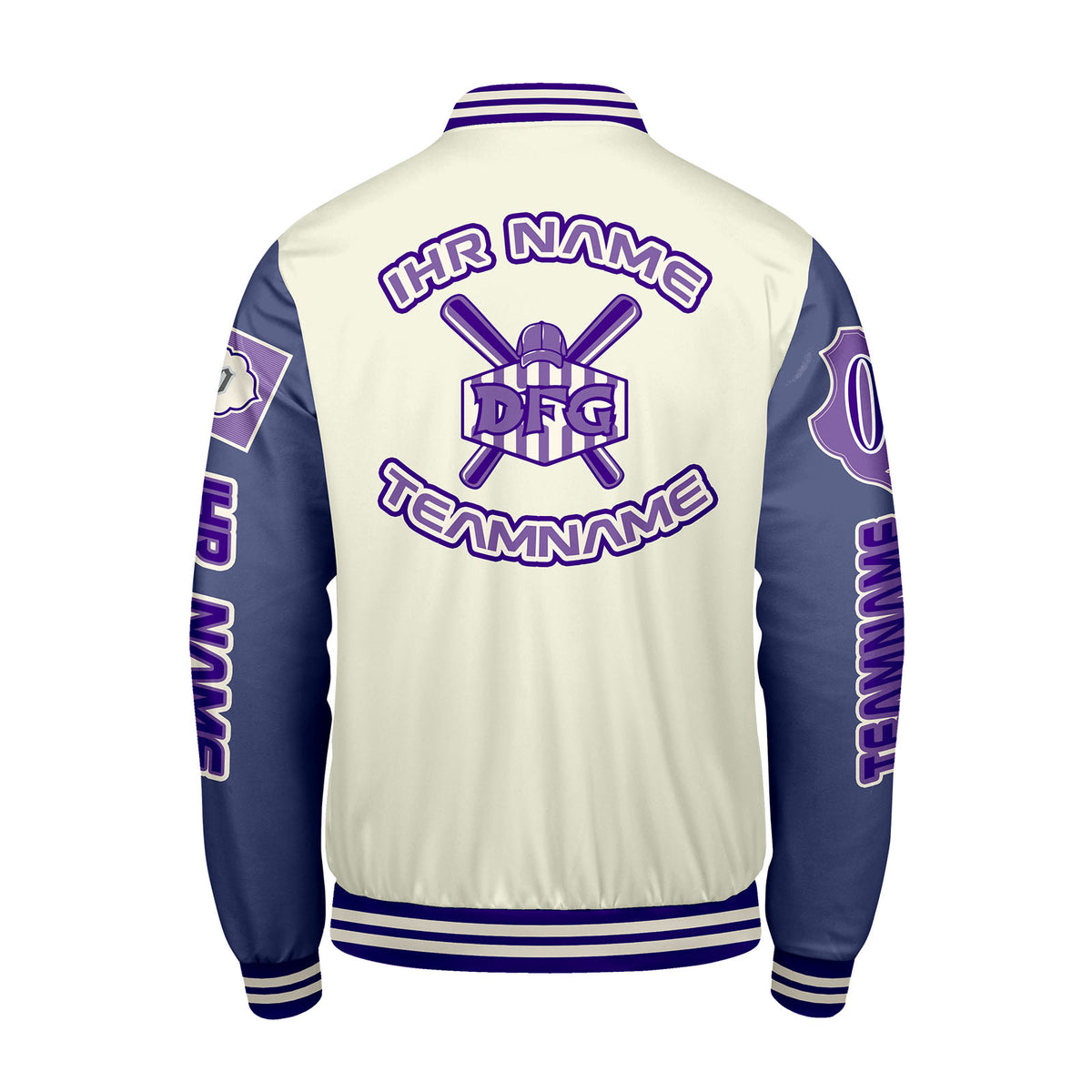 Maßgeschneiderte Weiß Lila Letterman Varsity Jacket Individuelle Stickerei  Druck nach Ihrem Wunsch