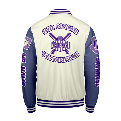 Maßgeschneiderte Weiß Lila Letterman Varsity Jacket Individuelle Stickerei  Druck nach Ihrem Wunsch