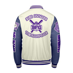 Maßgeschneiderte Weiß Lila Letterman Varsity Jacket Individuelle Stickerei  Druck nach Ihrem Wunsch