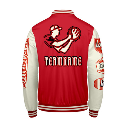 Maßgeschneiderte Rot Beige Letterman Varsity Jacket Individuelle Stickerei  Druck nach Ihrem Wunsch