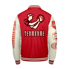 Maßgeschneiderte Rot Beige Letterman Varsity Jacket Individuelle Stickerei  Druck nach Ihrem Wunsch