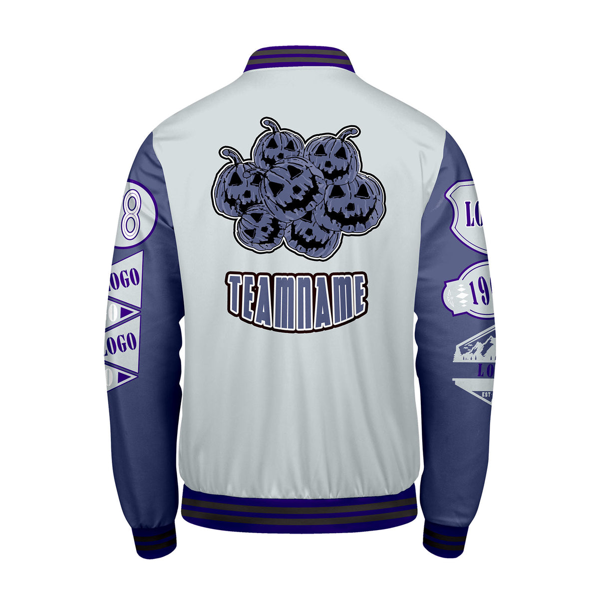 Maßgeschneiderte Grau Lila Letterman Varsity Jacket Individuelle Stickerei  Druck nach Ihrem Wunsch