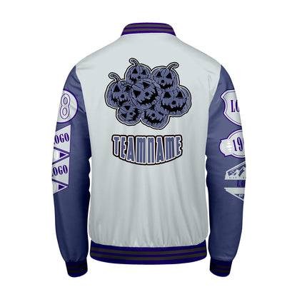 Maßgeschneiderte Grau Lila Letterman Varsity Jacket Individuelle Stickerei  Druck nach Ihrem Wunsch