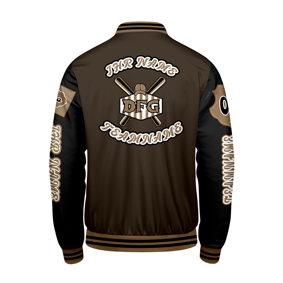 Maßgeschneiderte Braun Schwarz Letterman Varsity Jacket Individuelle Stickerei  Druck nach Ihrem Wunsch