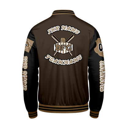 Maßgeschneiderte Braun Schwarz Letterman Varsity Jacket Individuelle Stickerei  Druck nach Ihrem Wunsch