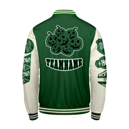 Maßgeschneiderte Grün Weiß Letterman Varsity Jacket Individuelle Stickerei  Druck nach Ihrem Wunsch