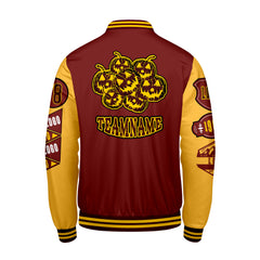 Maßgeschneiderte Burgund Gelb Letterman Varsity Jacket Individuelle Stickerei  Druck nach Ihrem Wunsch
