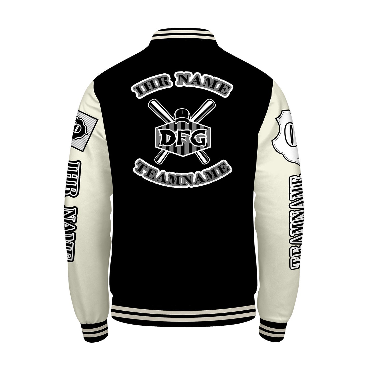Maßgeschneiderte Schwarz Weiß Letterman Varsity Jacket Individuelle Stickerei  Druck nach Ihrem Wunsch