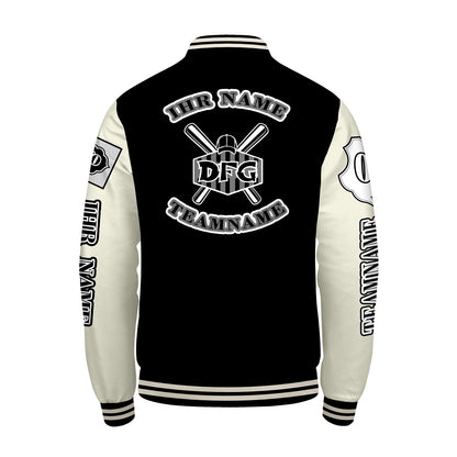 Maßgeschneiderte Schwarz Weiß Letterman Varsity Jacket Individuelle Stickerei  Druck nach Ihrem Wunsch