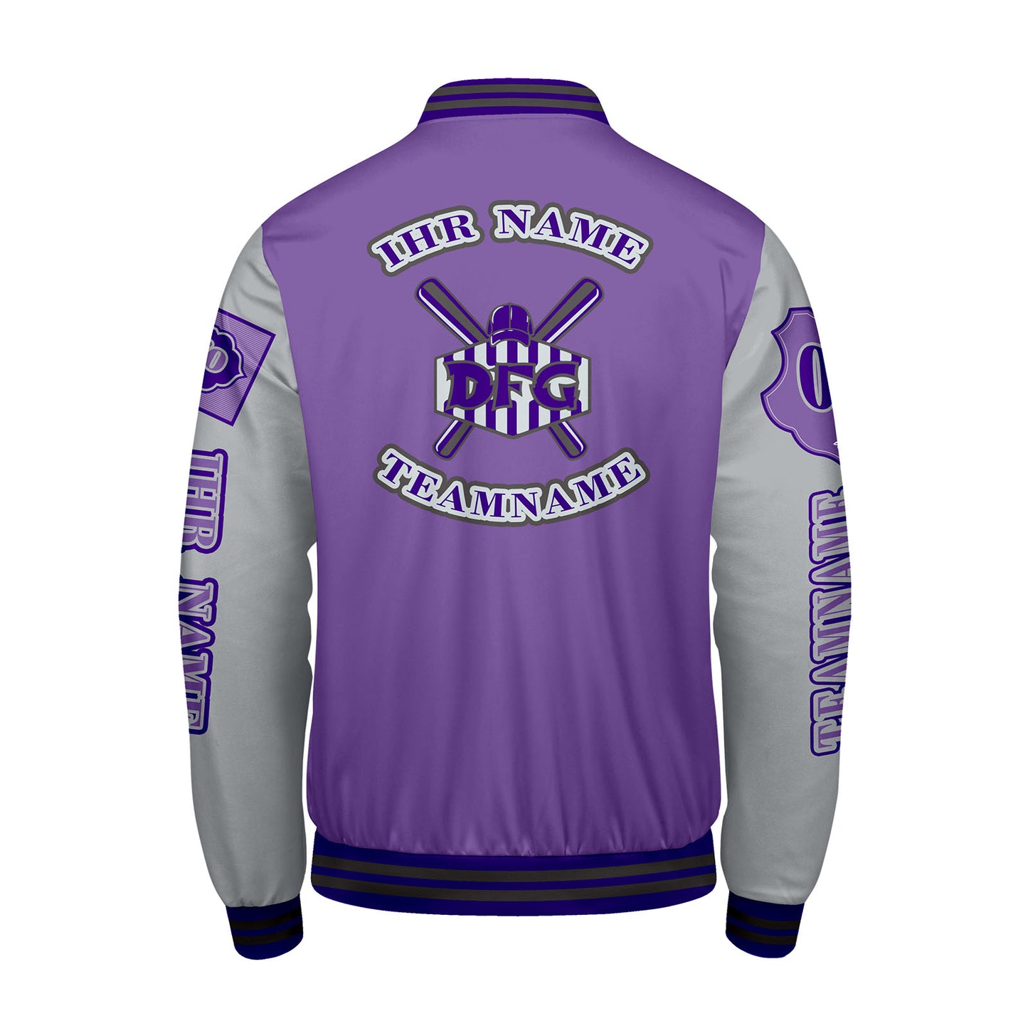Maßgeschneiderte Lila Lichtgrau Letterman Varsity Jacket Individuelle Stickerei  Druck nach Ihrem Wunsch
