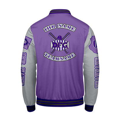 Maßgeschneiderte Lila Lichtgrau Letterman Varsity Jacket Individuelle Stickerei  Druck nach Ihrem Wunsch