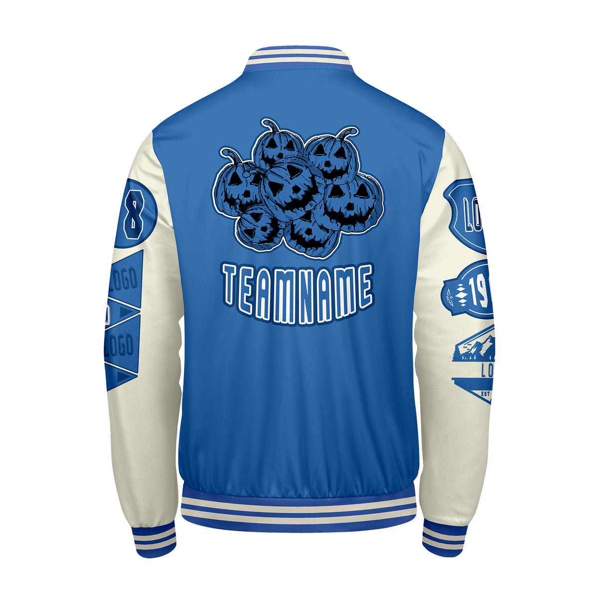 Maßgeschneiderte Blau Weiß Letterman Varsity Jacket Individuelle Stickerei  Druck nach Ihrem Wunsch