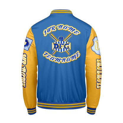 Maßgeschneiderte Blau Gelb Letterman Varsity Jacket Individuelle Stickerei  Druck nach Ihrem Wunsch