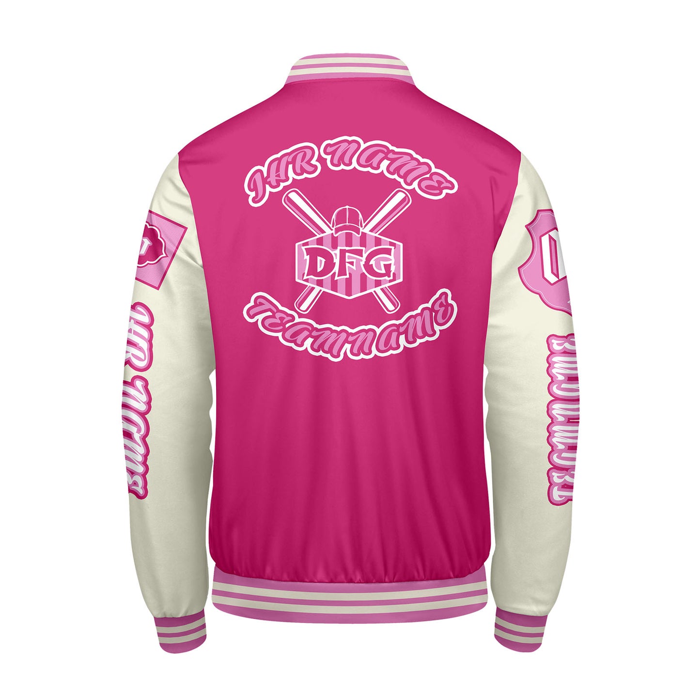 Maßgeschneiderte Rosa Weiß Letterman Varsity Jacket Individuelle Stickerei  Druck nach Ihrem Wunsch