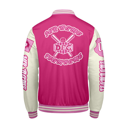 Maßgeschneiderte Rosa Weiß Letterman Varsity Jacket Individuelle Stickerei  Druck nach Ihrem Wunsch