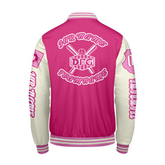 Maßgeschneiderte Rosa Weiß Letterman Varsity Jacket Individuelle Stickerei  Druck nach Ihrem Wunsch