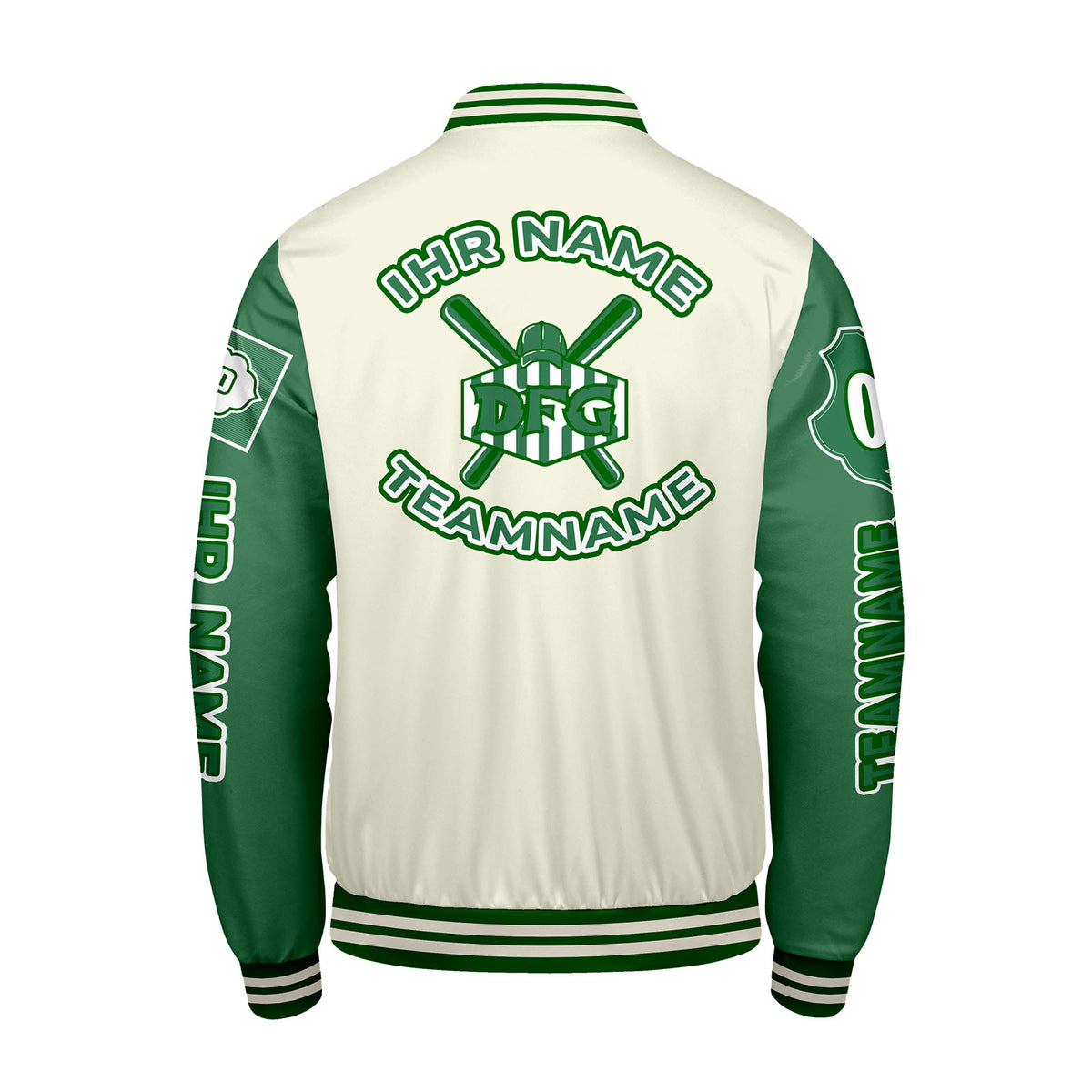 Maßgeschneiderte Weiß Grün Letterman Varsity Jacket Individuelle Stickerei  Druck nach Ihrem Wunsch