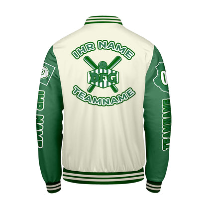 Maßgeschneiderte Weiß Grün Letterman Varsity Jacket Individuelle Stickerei  Druck nach Ihrem Wunsch
