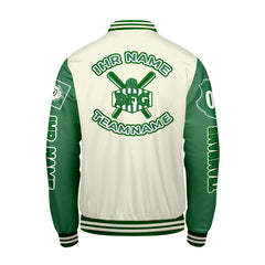 Maßgeschneiderte Weiß Grün Letterman Varsity Jacket Individuelle Stickerei  Druck nach Ihrem Wunsch