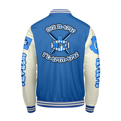 Maßgeschneiderte Blau Weiß Letterman Varsity Jacket Individuelle Stickerei  Druck nach Ihrem Wunsch