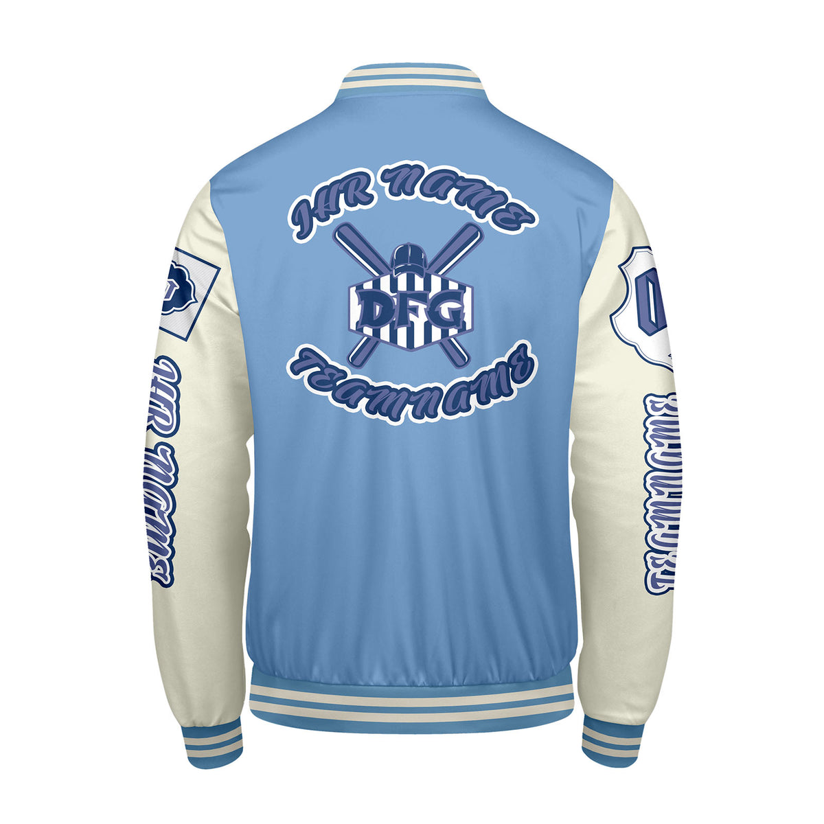 Maßgeschneiderte Blau Weiß Letterman Varsity Jacket Individuelle Stickerei  Druck nach Ihrem Wunsch