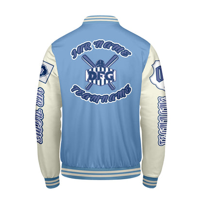 Maßgeschneiderte Blau Weiß Letterman Varsity Jacket Individuelle Stickerei  Druck nach Ihrem Wunsch