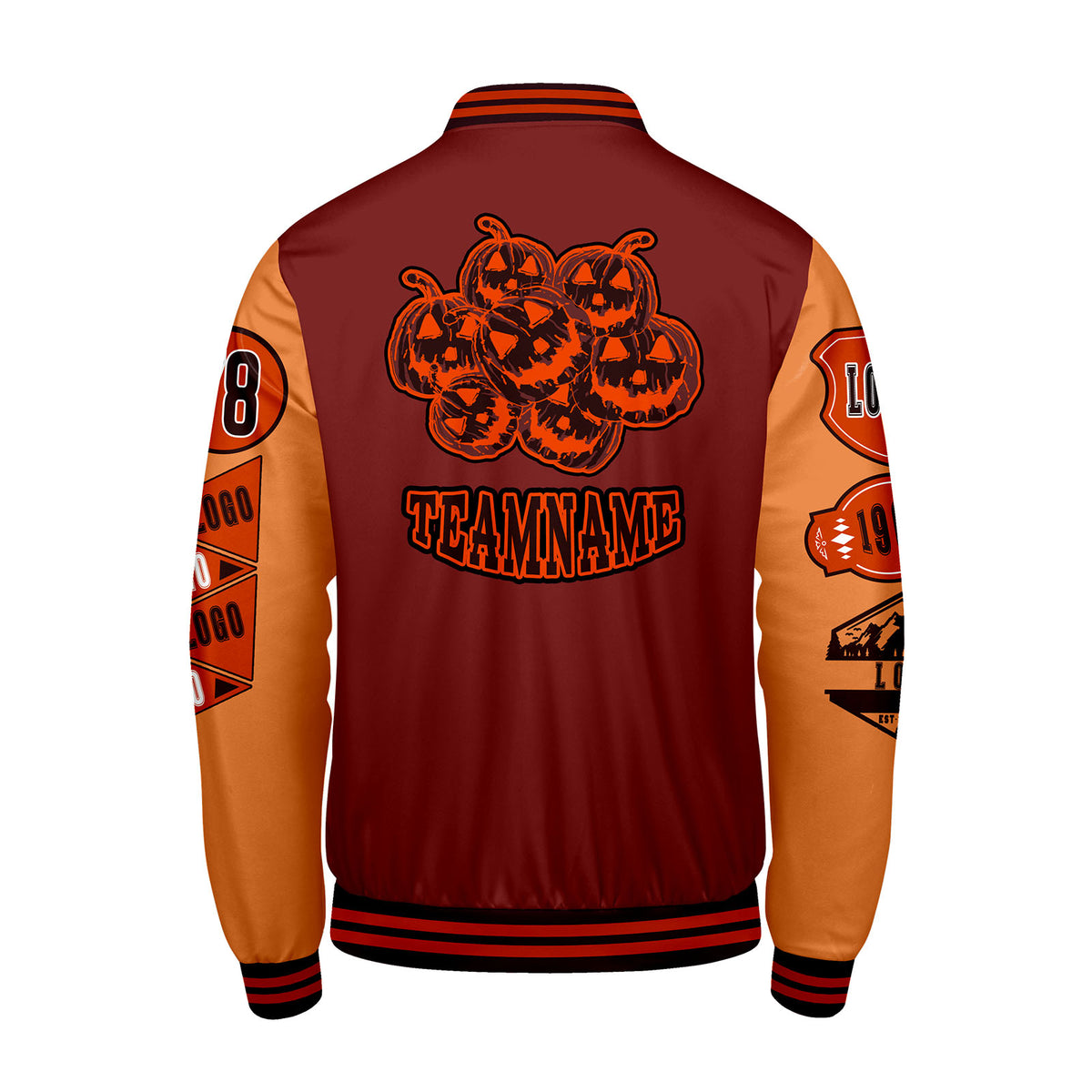 Maßgeschneiderte Burgund Dunkelorange Letterman Varsity Jacket Individuelle Stickerei  Druck nach Ihrem Wunsch