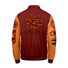 Maßgeschneiderte Burgund Dunkelorange Letterman Varsity Jacket Individuelle Stickerei  Druck nach Ihrem Wunsch