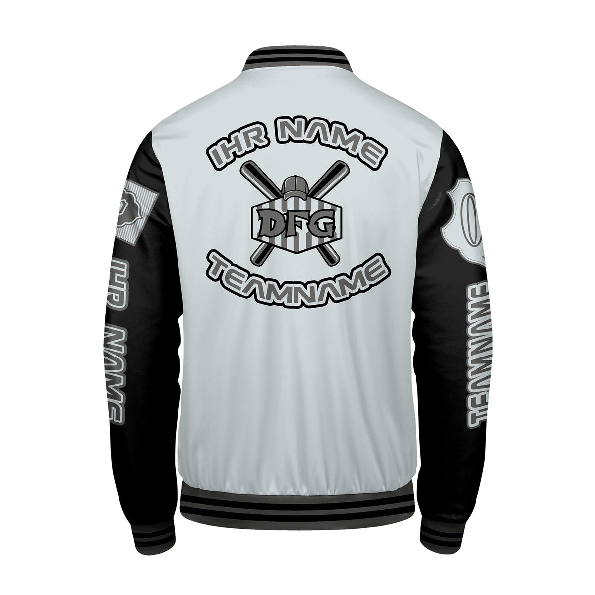 Maßgeschneiderte Grau Schwarz Letterman Varsity Jacket Individuelle Stickerei  Druck nach Ihrem Wunsch