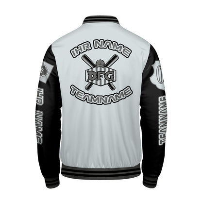 Maßgeschneiderte Grau Schwarz Letterman Varsity Jacket Individuelle Stickerei  Druck nach Ihrem Wunsch