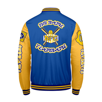 Maßgeschneiderte Blau Gelb Letterman Varsity Jacket Individuelle Stickerei  Druck nach Ihrem Wunsch
