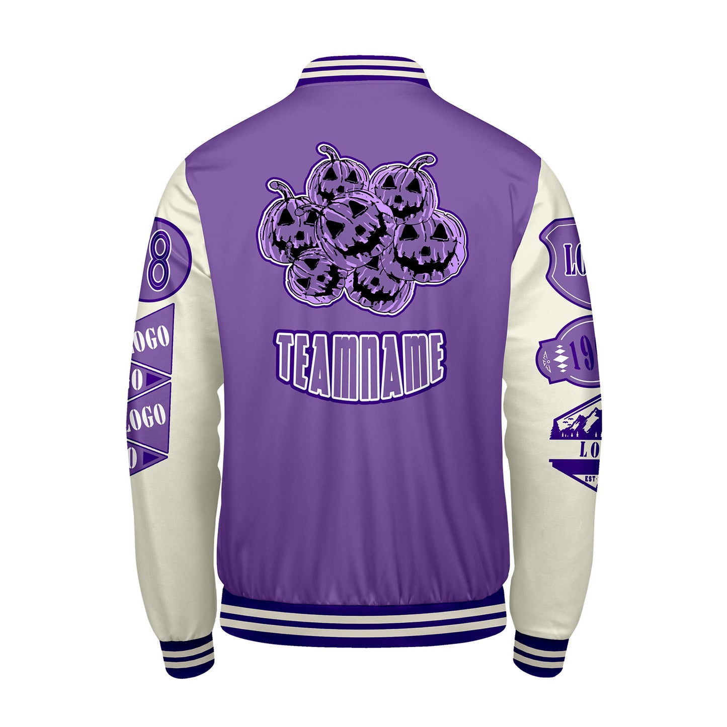 Maßgeschneiderte Lila Weiß Letterman Varsity Jacket Individuelle Stickerei  Druck nach Ihrem Wunsch