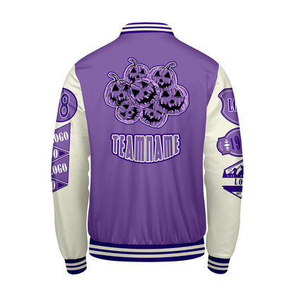 Maßgeschneiderte Lila Weiß Letterman Varsity Jacket Individuelle Stickerei  Druck nach Ihrem Wunsch
