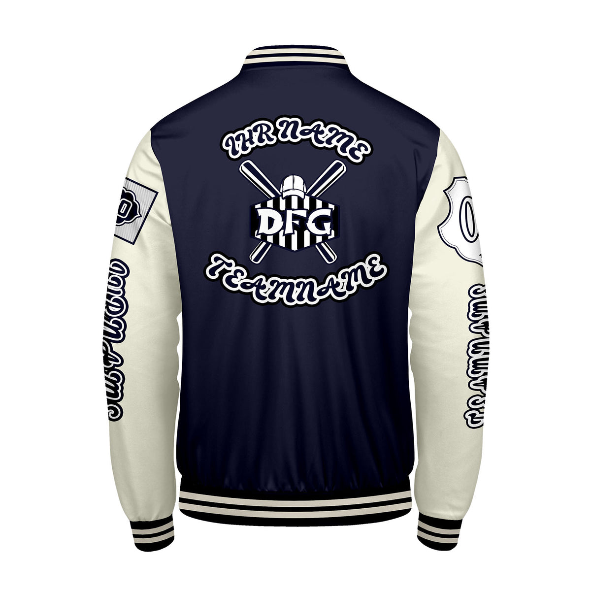 Maßgeschneiderte Marine Weiß Letterman Varsity Jacket Individuelle Stickerei  Druck nach Ihrem Wunsch