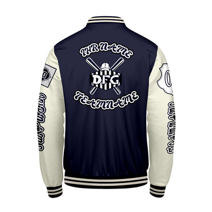 Maßgeschneiderte Marine Weiß Letterman Varsity Jacket Individuelle Stickerei  Druck nach Ihrem Wunsch