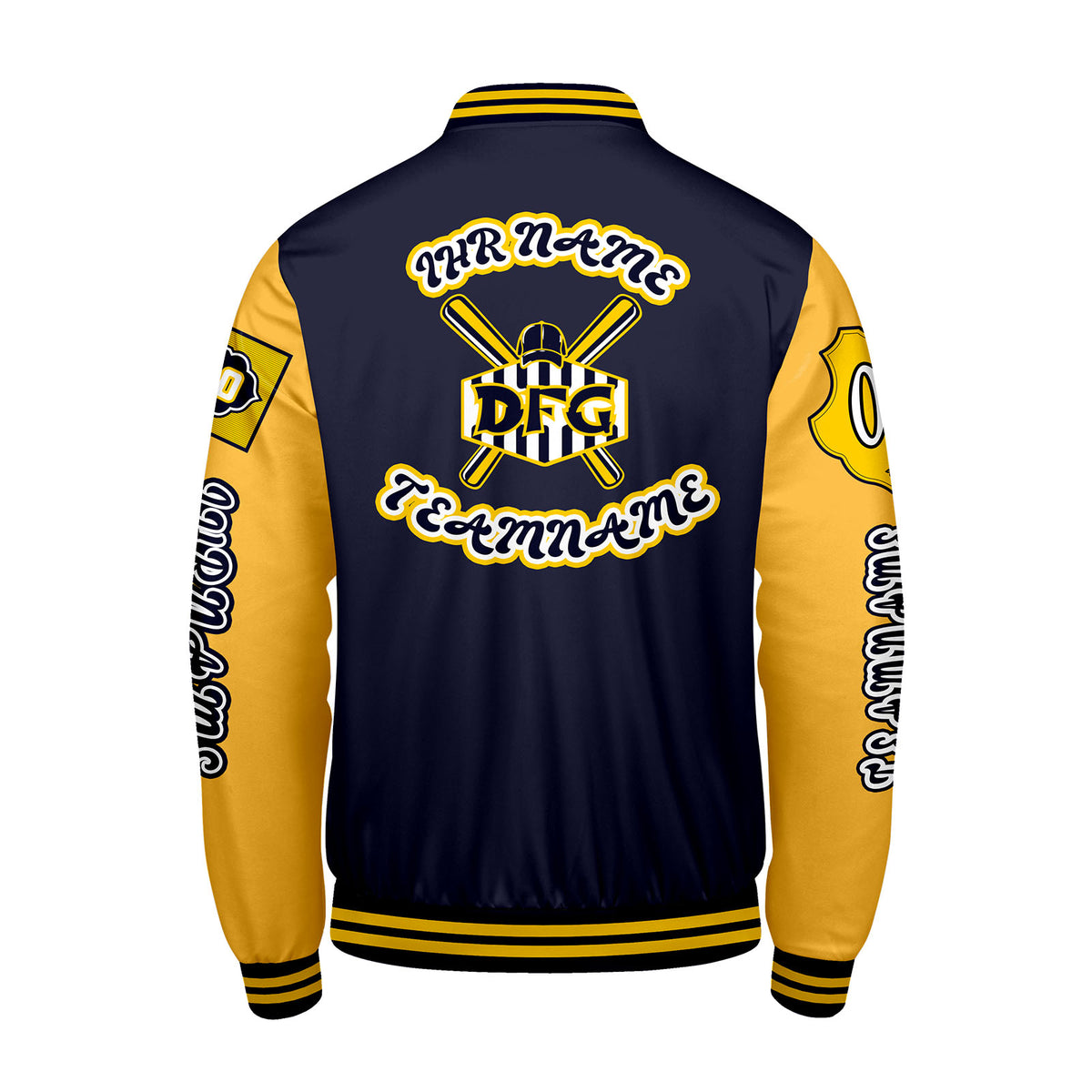 Maßgeschneiderte Marine Gelb Letterman Varsity Jacket Individuelle Stickerei  Druck nach Ihrem Wunsch