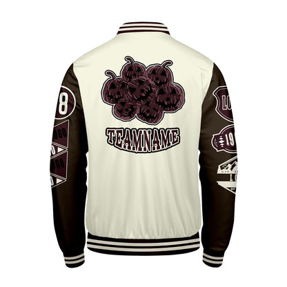 Maßgeschneiderte Weiß Braun Letterman Varsity Jacket Individuelle Stickerei  Druck nach Ihrem Wunsch