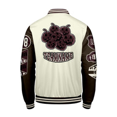 Maßgeschneiderte Weiß Braun Letterman Varsity Jacket Individuelle Stickerei  Druck nach Ihrem Wunsch