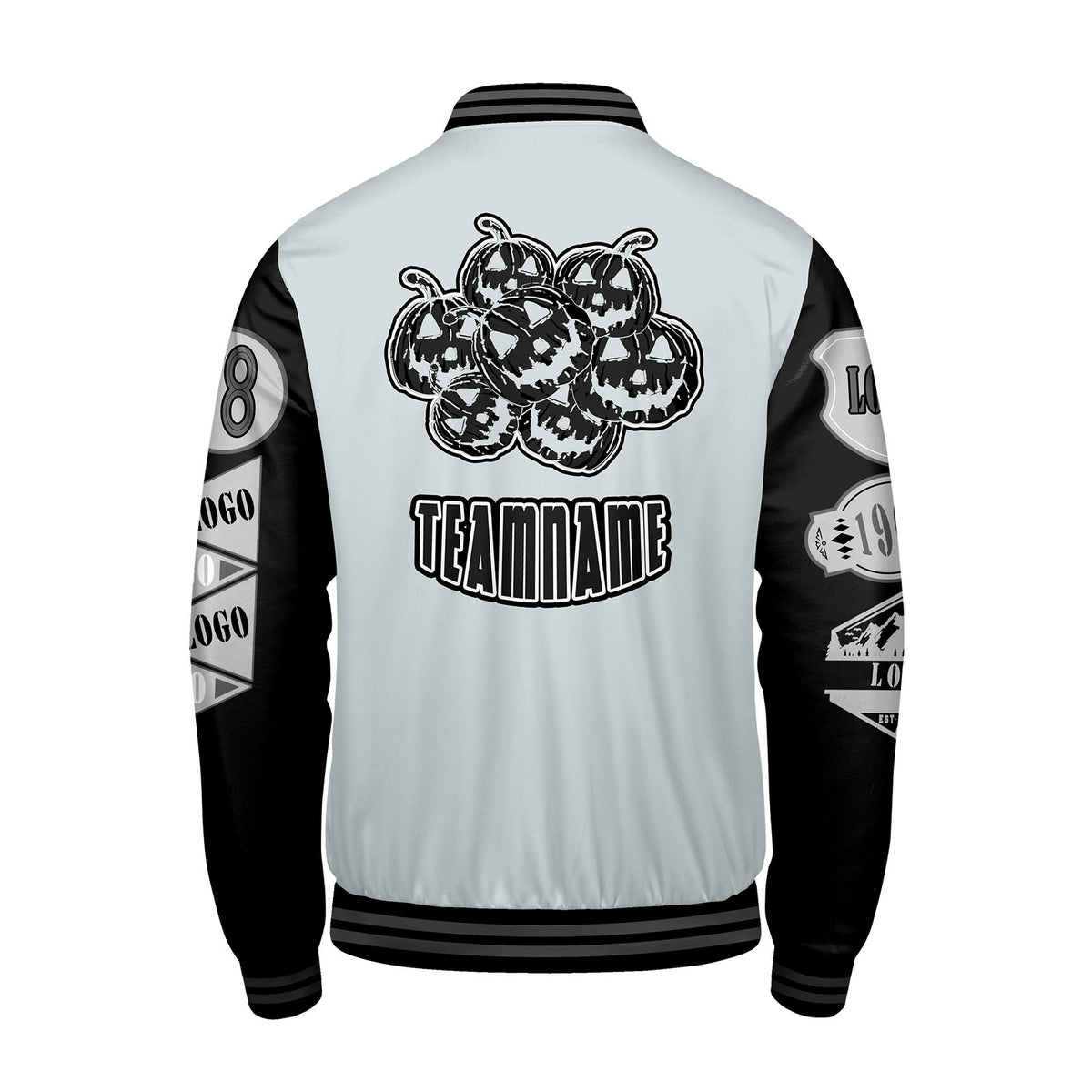 Maßgeschneiderte Grau Schwarz Letterman Varsity Jacket Individuelle Stickerei  Druck nach Ihrem Wunsch