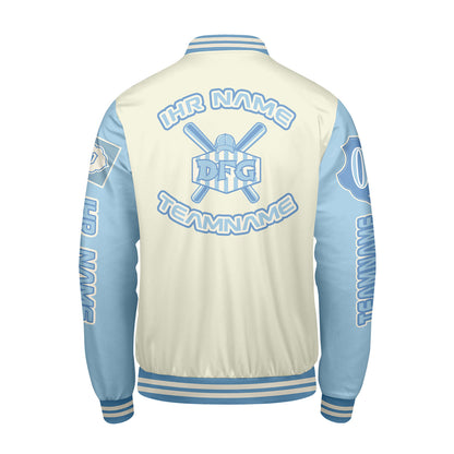 Maßgeschneiderte Weiß Blau Letterman Varsity Jacket Individuelle Stickerei  Druck nach Ihrem Wunsch