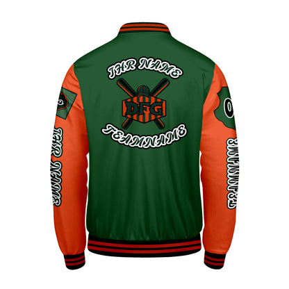 Maßgeschneiderte Grün Orange Letterman Varsity Jacket Individuelle Stickerei  Druck nach Ihrem Wunsch