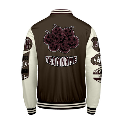Maßgeschneiderte Braun Weiß Letterman Varsity Jacket Individuelle Stickerei  Druck nach Ihrem Wunsch