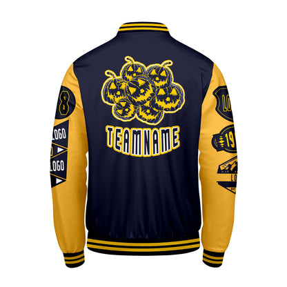 Maßgeschneiderte Marine Gelb Letterman Varsity Jacket Individuelle Stickerei  Druck nach Ihrem Wunsch