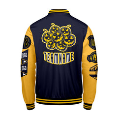 Maßgeschneiderte Marine Gelb Letterman Varsity Jacket Individuelle Stickerei  Druck nach Ihrem Wunsch