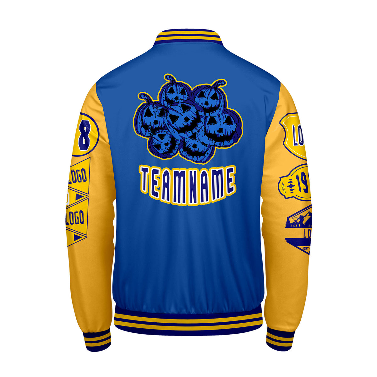 Maßgeschneiderte Blau Gelb Letterman Varsity Jacket Individuelle Stickerei  Druck nach Ihrem Wunsch