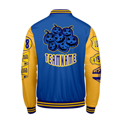Maßgeschneiderte Blau Gelb Letterman Varsity Jacket Individuelle Stickerei  Druck nach Ihrem Wunsch