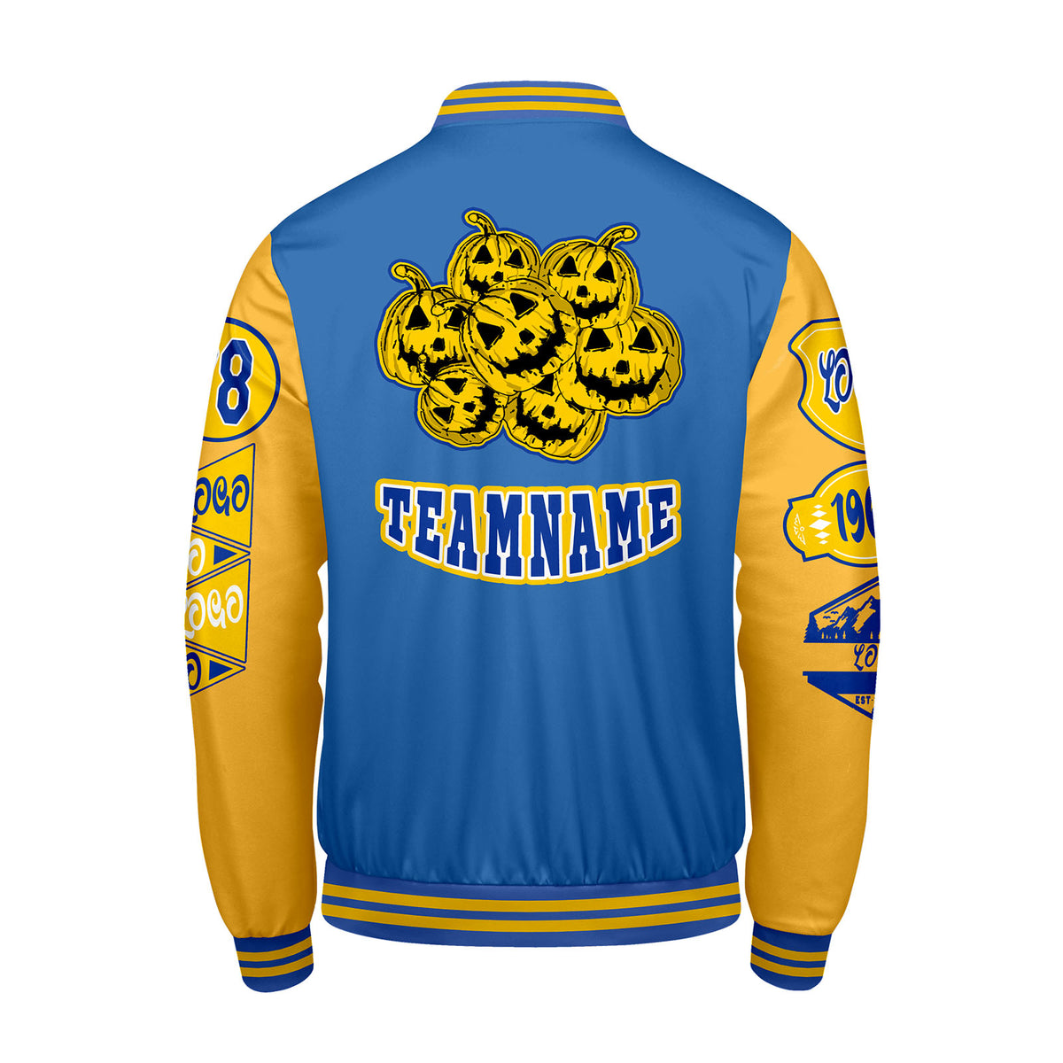 Maßgeschneiderte Blau Gelb Letterman Varsity Jacket Individuelle Stickerei  Druck nach Ihrem Wunsch