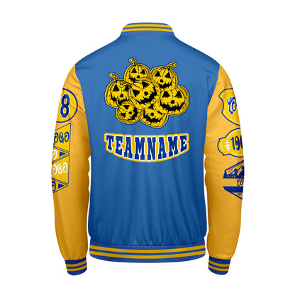 Maßgeschneiderte Blau Gelb Letterman Varsity Jacket Individuelle Stickerei  Druck nach Ihrem Wunsch