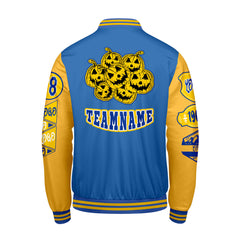 Maßgeschneiderte Blau Gelb Letterman Varsity Jacket Individuelle Stickerei  Druck nach Ihrem Wunsch